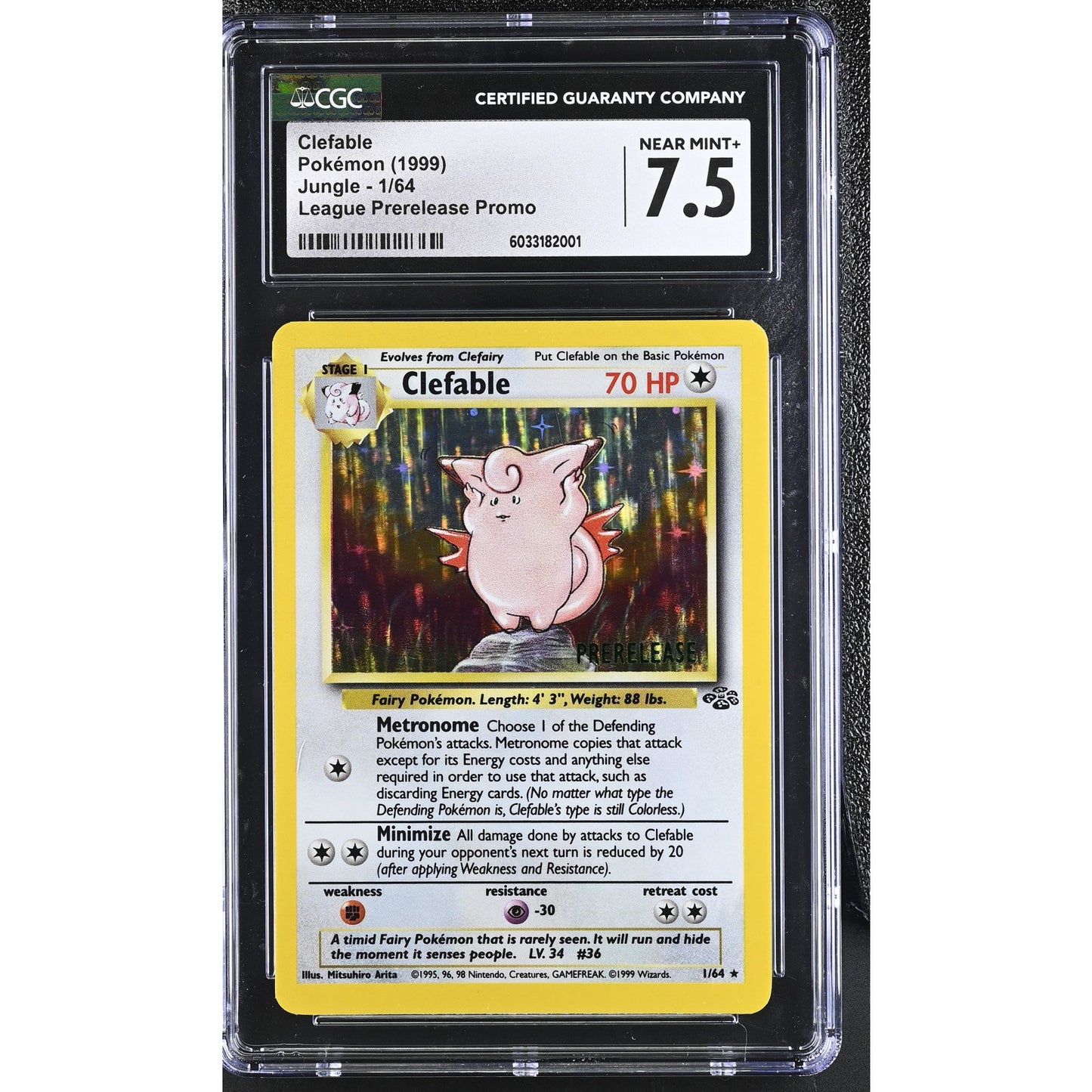 CGC 7.5 NEAR MINT+ Clefable 1/64 Pokémon Jungle League Prerelease Promo(PSA/BGS)