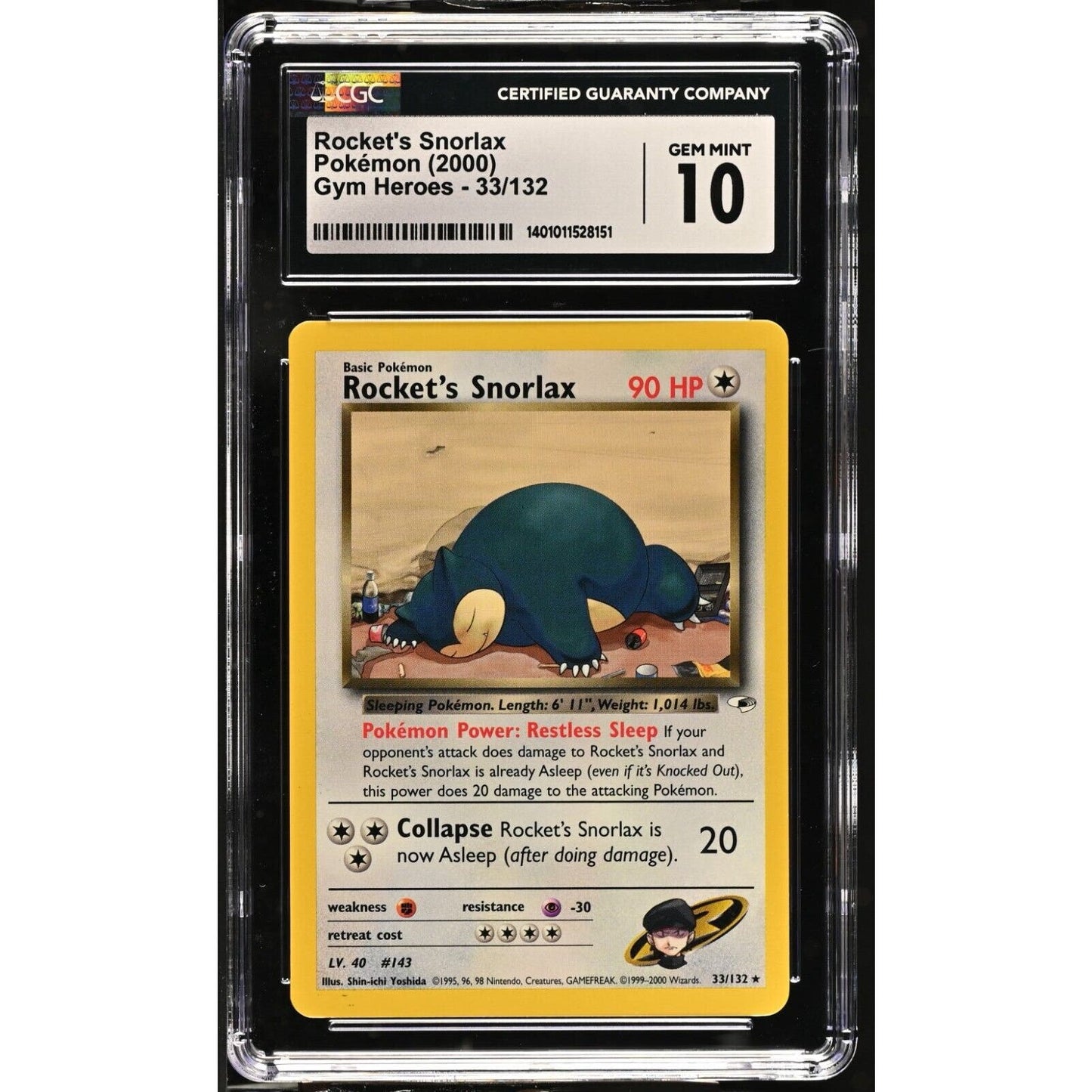 CGC 10 GEM MINT Rocket's Snorlax 33/132 Gym Heroes Unlimited Non Holo (PSA/BGS)