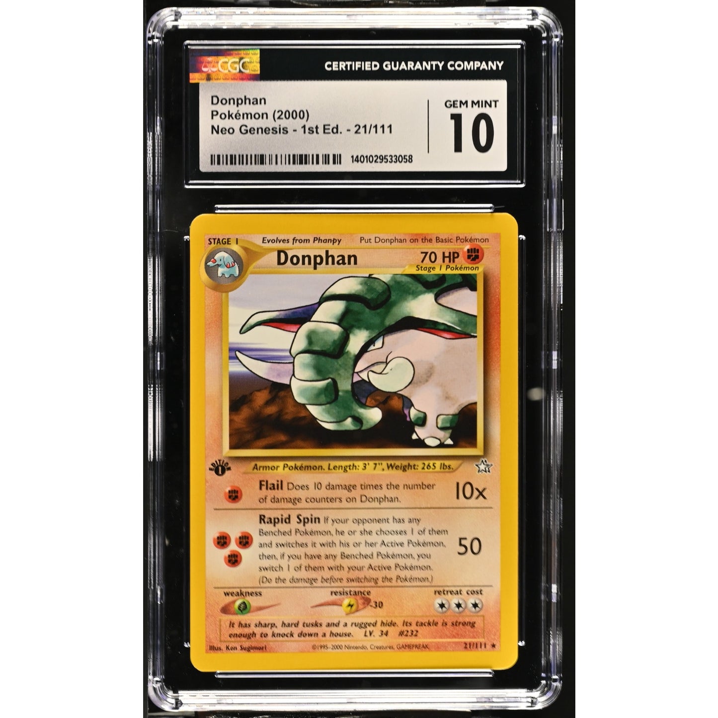 CGC 10 GEM MINT Donphan 1st Edition 21/111 Pokemon Neo Genesis Rare (PSA/BGS)