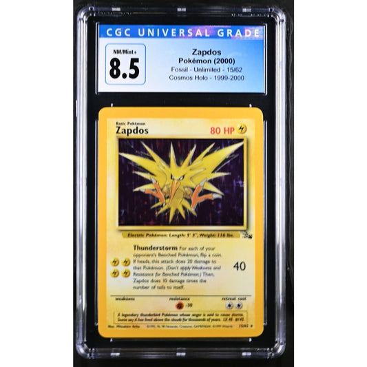 CGC 8.5 NM/MINT Zapdos 15/62 Pokémon Fossil Unlimited Holo Rare (PSA/BGS)