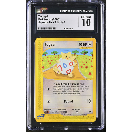 CGC 10 GEM MINT Togepi 114/147 Pokémon Aquapolis 2003 Non Holo Card (PSA/BGS)