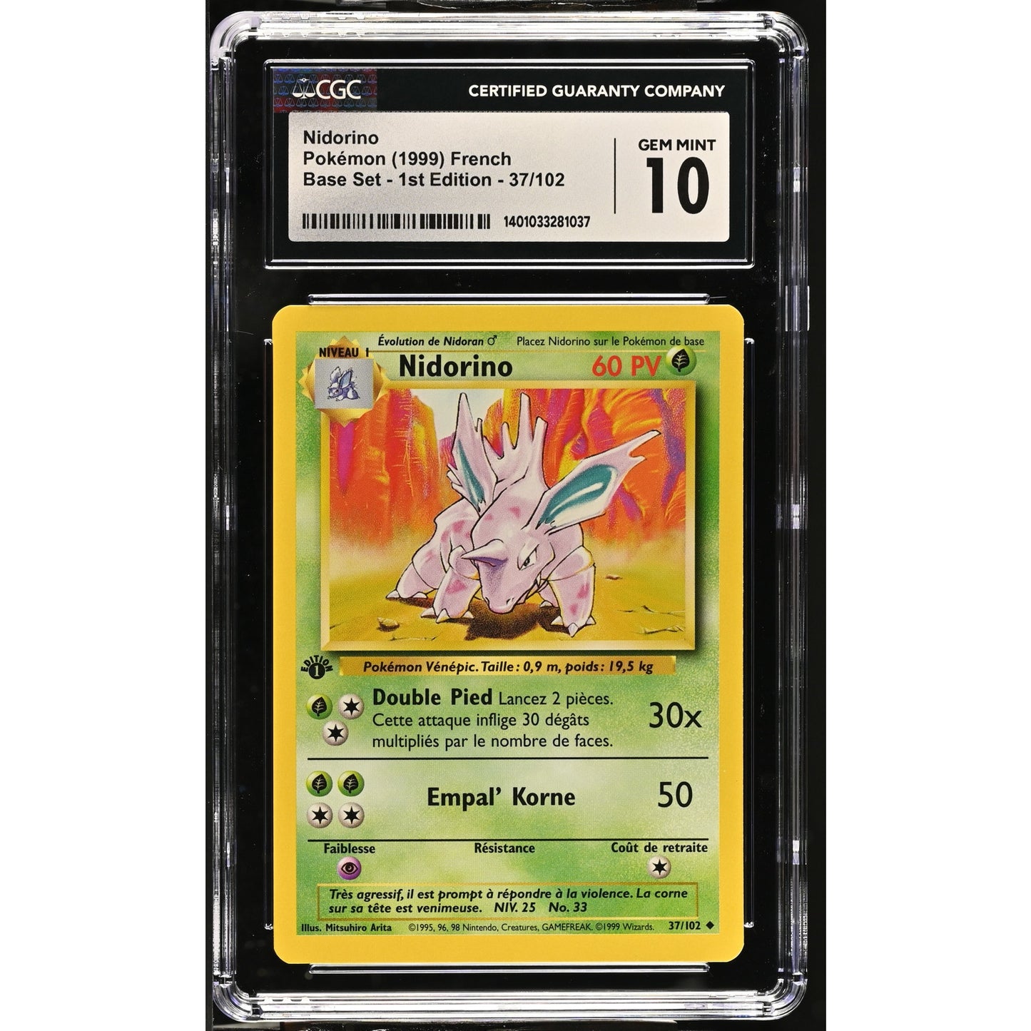 CGC 10 GEM MINT Nidorino 1st Edition 37/102 French Base Set Uncommon (PSA/BGS)