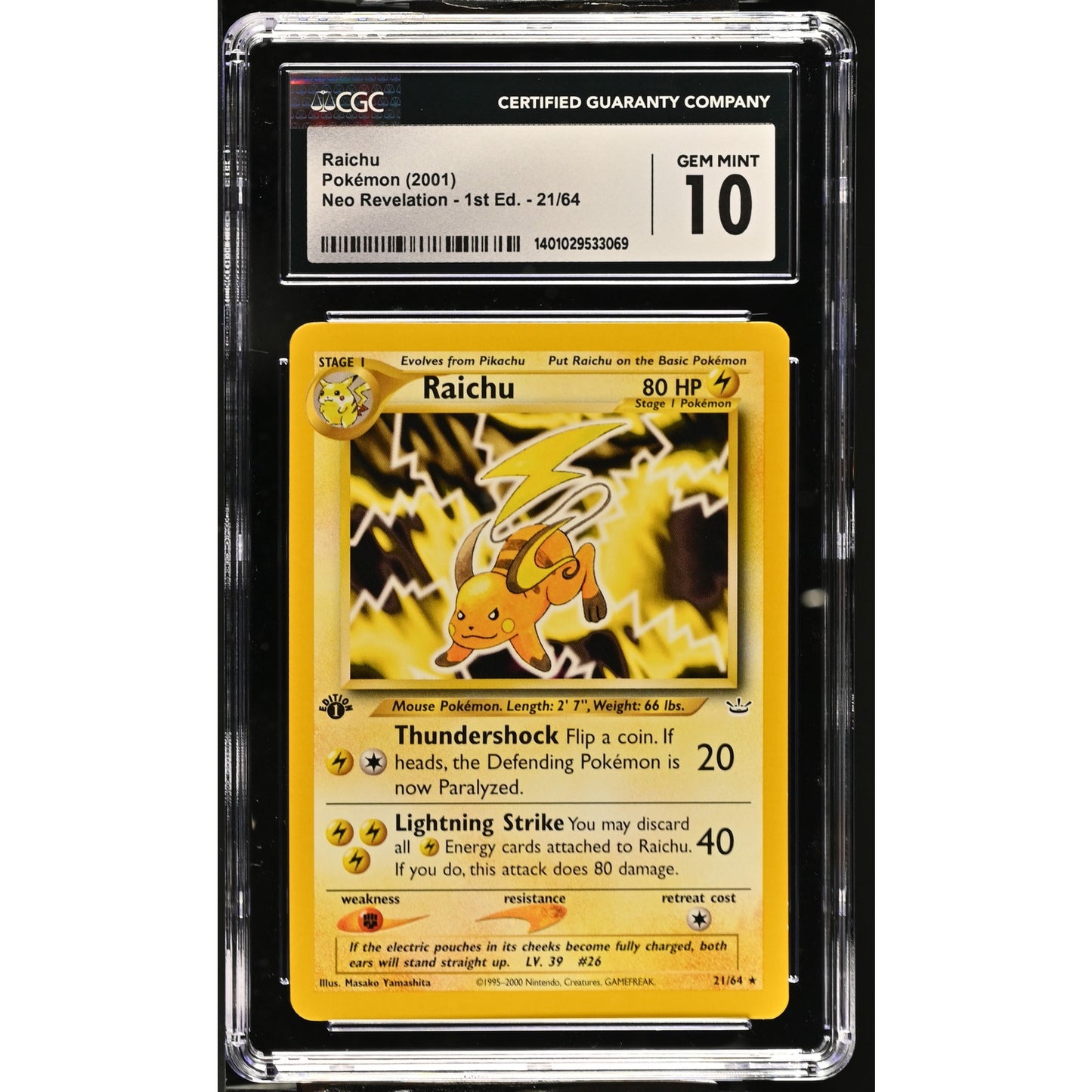 CGC 10 GEM MINT Raichu 1st Edition 21/66 Pokemon Neo Revelation Rare (PSA/BGS)