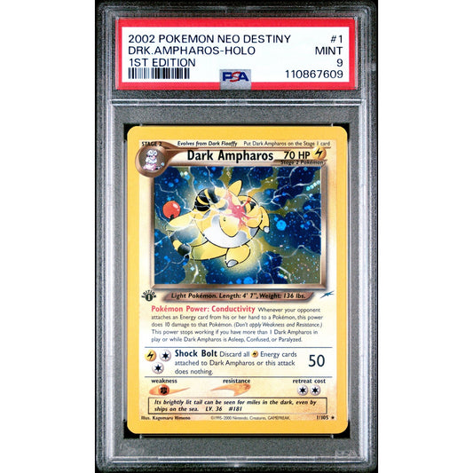 PSA 9 MINT Dark Ampharos 1st Edition 1/105 Neo Destiny 2002 Holo Rare (PSA/BGS)