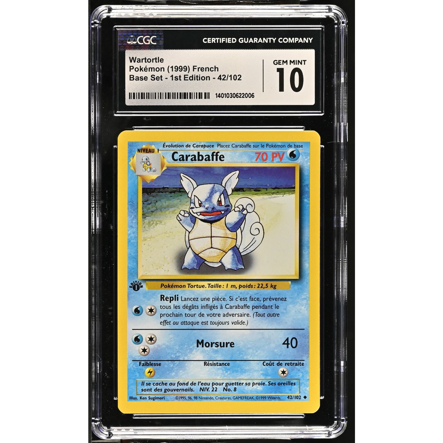 CGC 10 GEM MINT Wartortle (Carabaffe) 1st Edition 42/102 French Base (PSA/BGS)