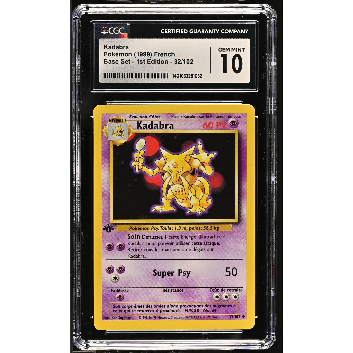 CGC 10 GEM MINT Kadabra 1st Edition 32/102 French Base Set Uncommon (PSA/BGS)