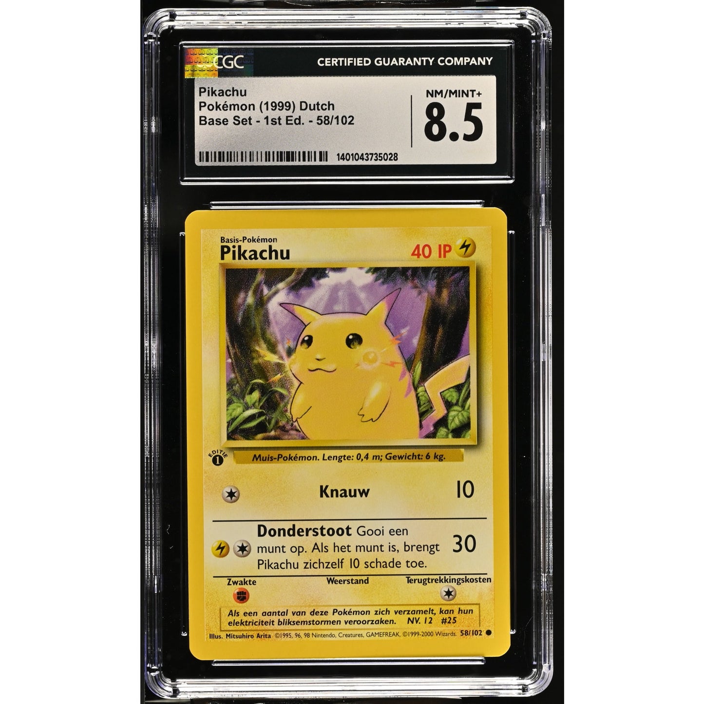 CGC 8.5 NM/MINT+ Pikachu 1st Edition 58/102 Pokemon Dutch Base Set (PSA/BGS)