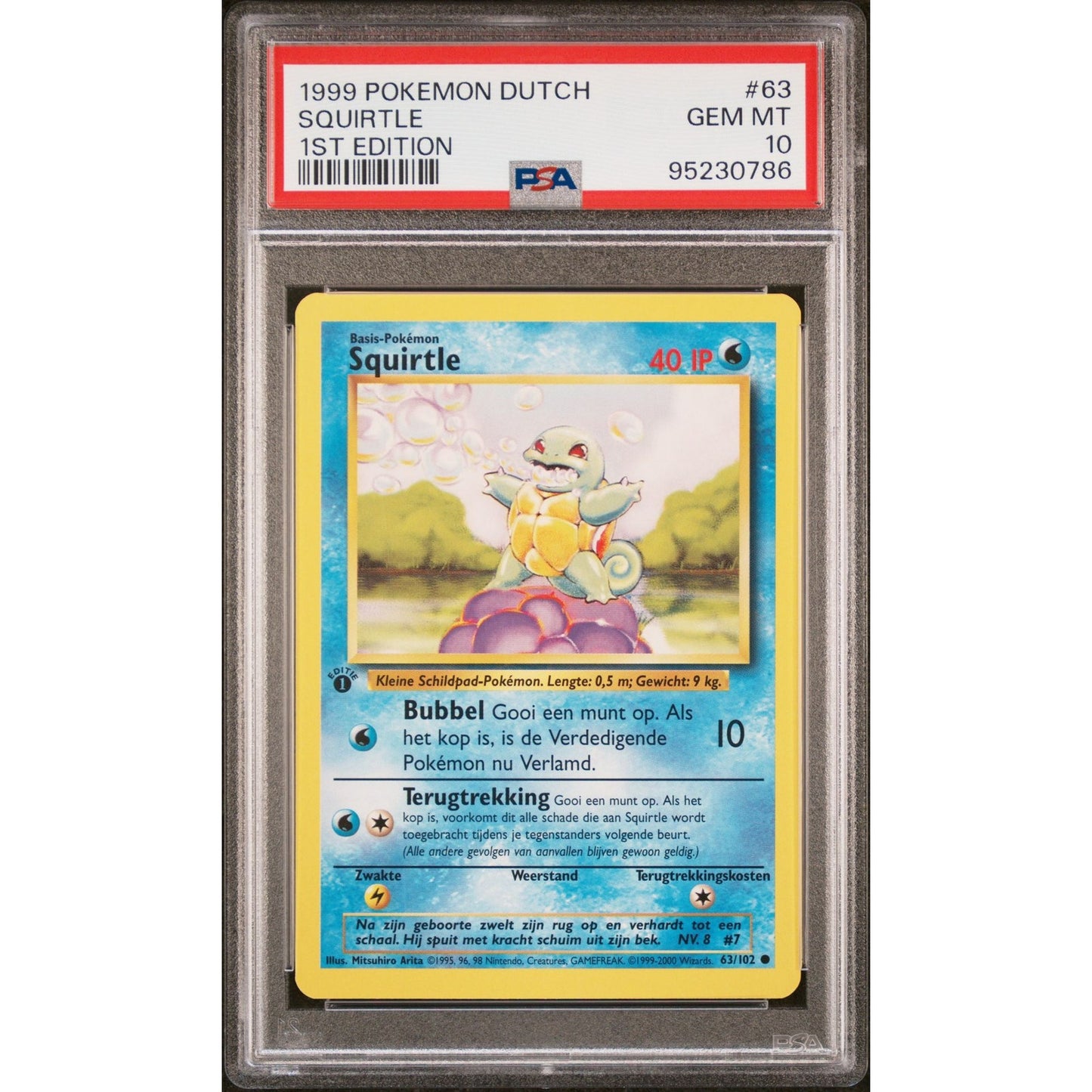 PSA 10 GEM MINT Squirtle 1st Edition 63/102 Pokemon Dutch Base Set (CGC/BGS)