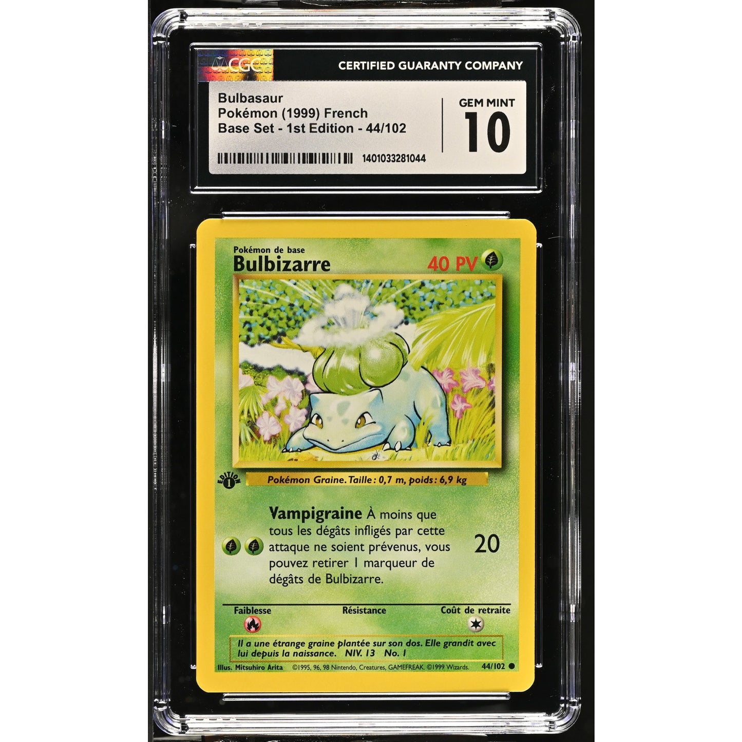 CGC 10 GEM MINT Bulbasaur (Bulbizarre) 1st Edition 44/102 French Base (PSA/BGS)