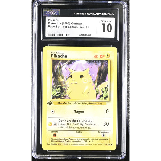 CGC 10 GEM MINT Pikachu 1st Edition 58/102 Pokémon German Base Set (PSA/BGS)