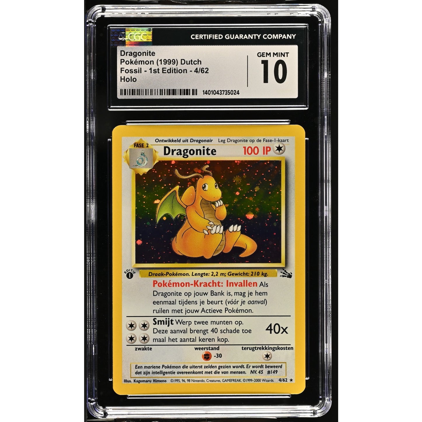 CGC 10 GEM MINT Dragonite 1st Edition 4/62 Pokémon Dutch Fossil (PSA/BGS) Pop 2