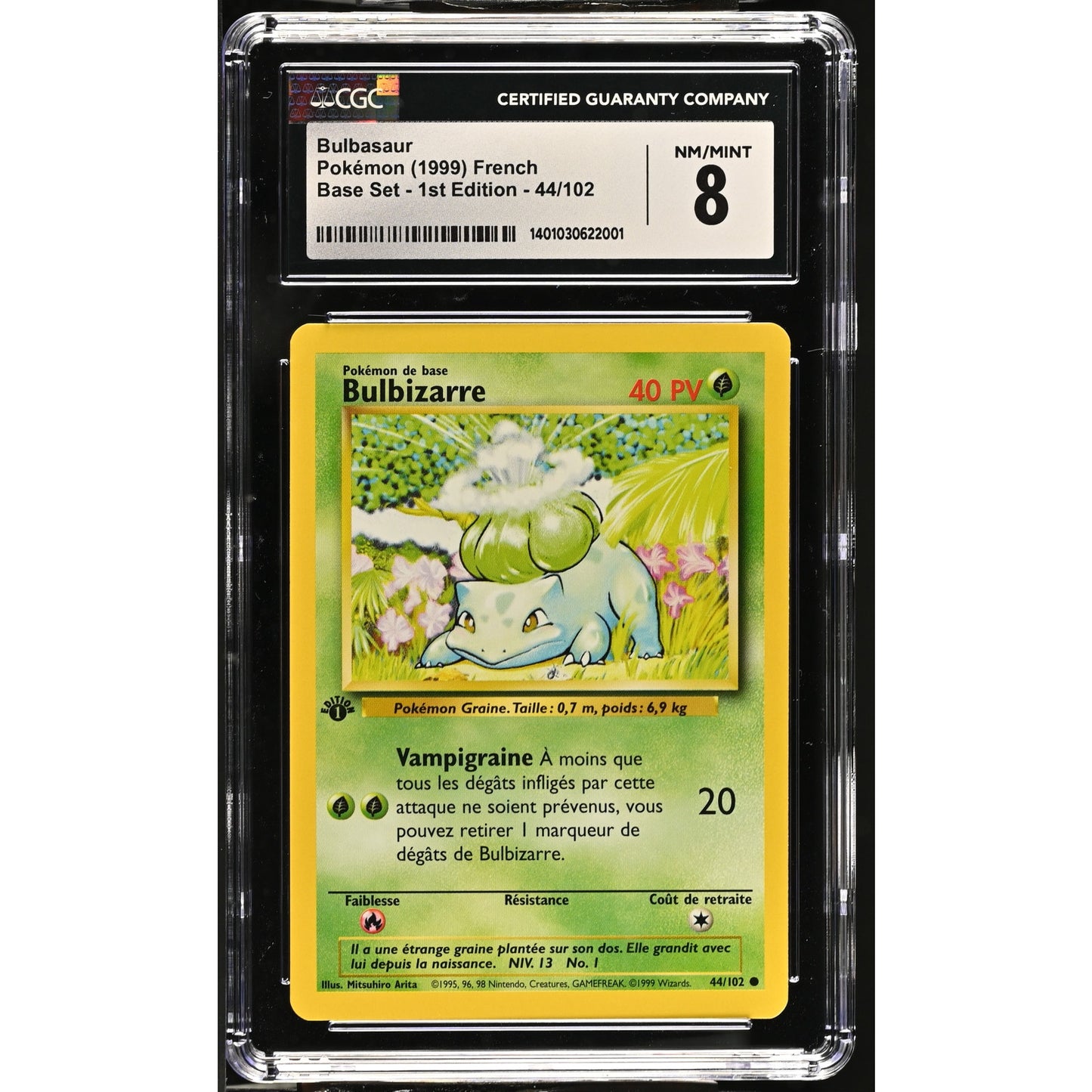 CGC 8 NM/MINT Bulbasaur (Bulbizarre) 1st Edition 44/102 French Base Set(PSA/BGS)