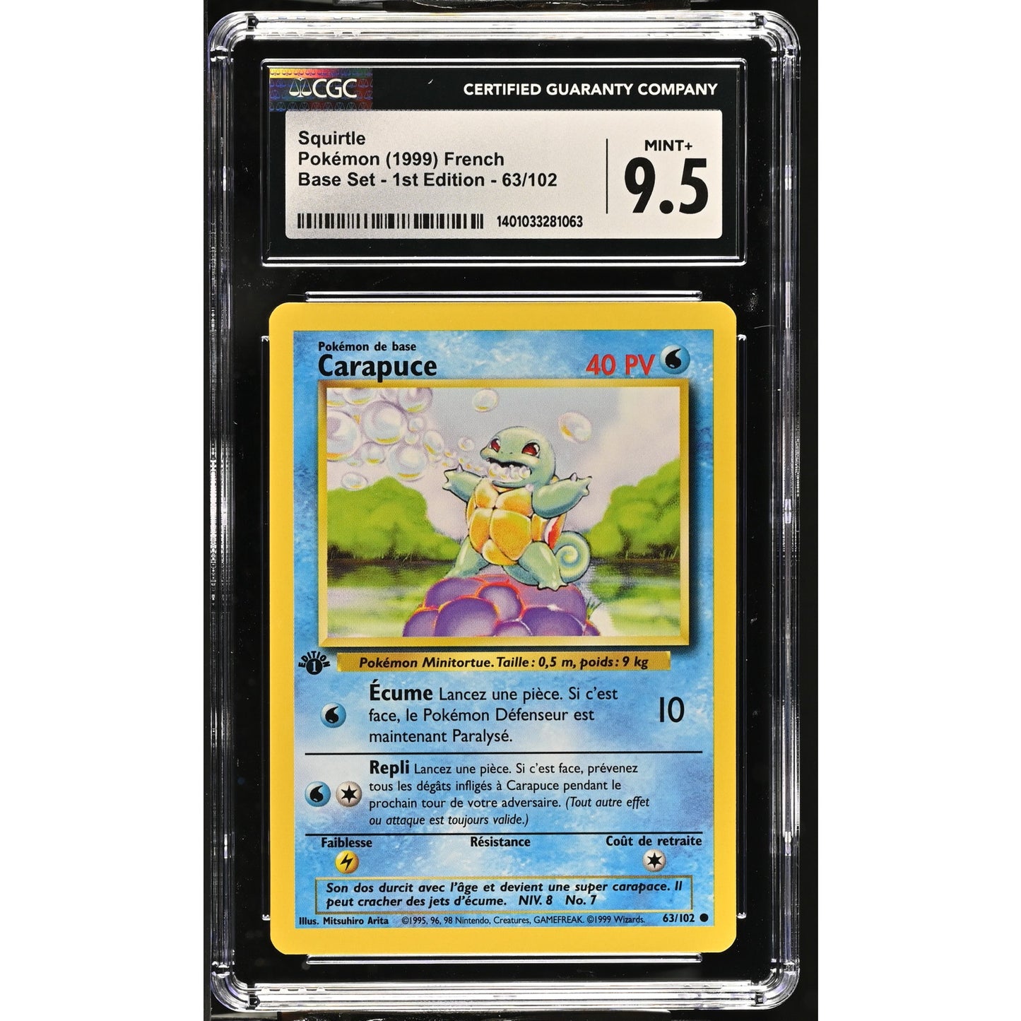 CGC 9.5 MINT+ Squirtle (Carapuce) 1st Edition 63/102 French Base Set (PSA/BGS)