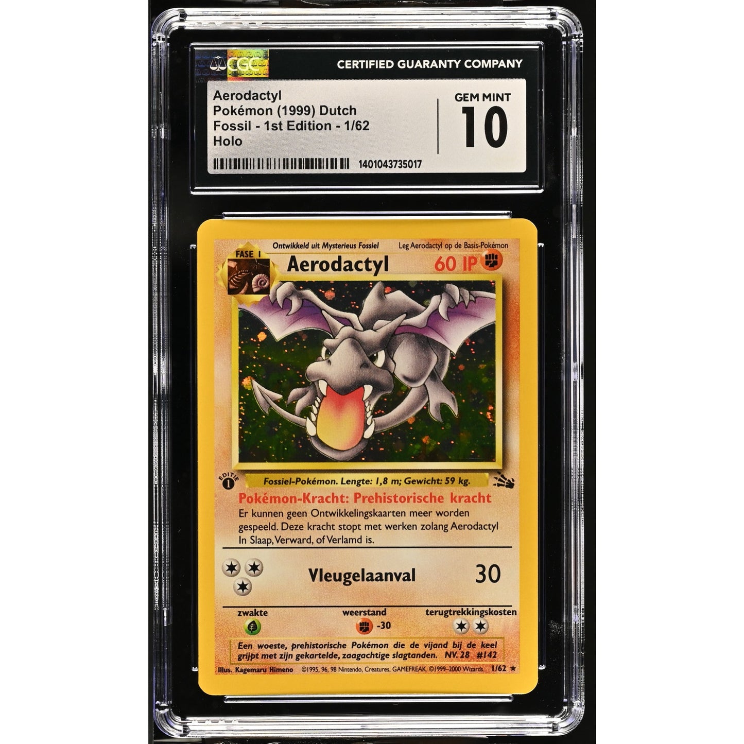 CGC 10 GEM MINT Aerodactyl 1st Edition 1/62 Pokémon Dutch Fossil (PSA/BGS) Pop 1