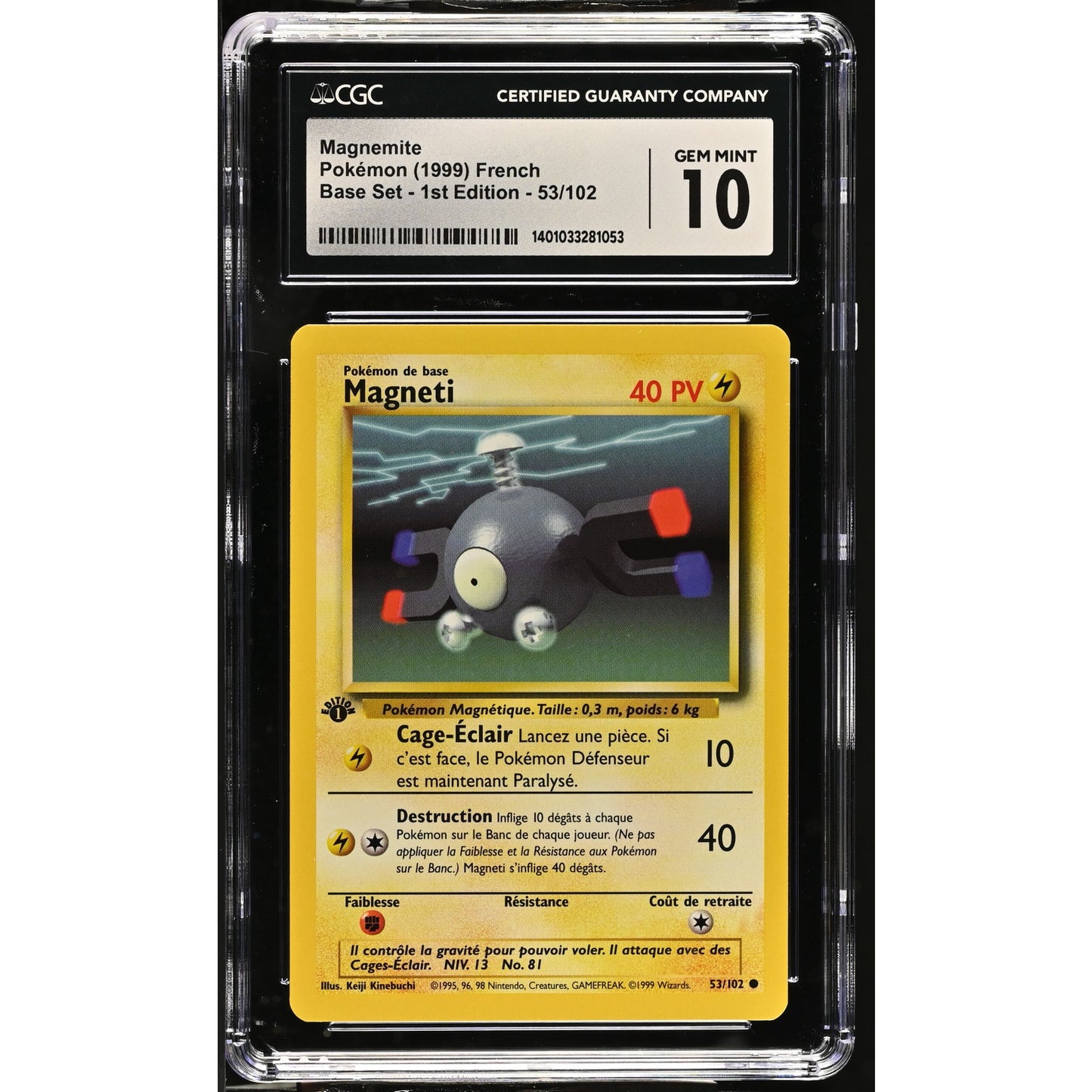 CGC 10 GEM MINT Magnemite (Magneti) 1st Edition 53/102 French Base Set (PSA/BGS)