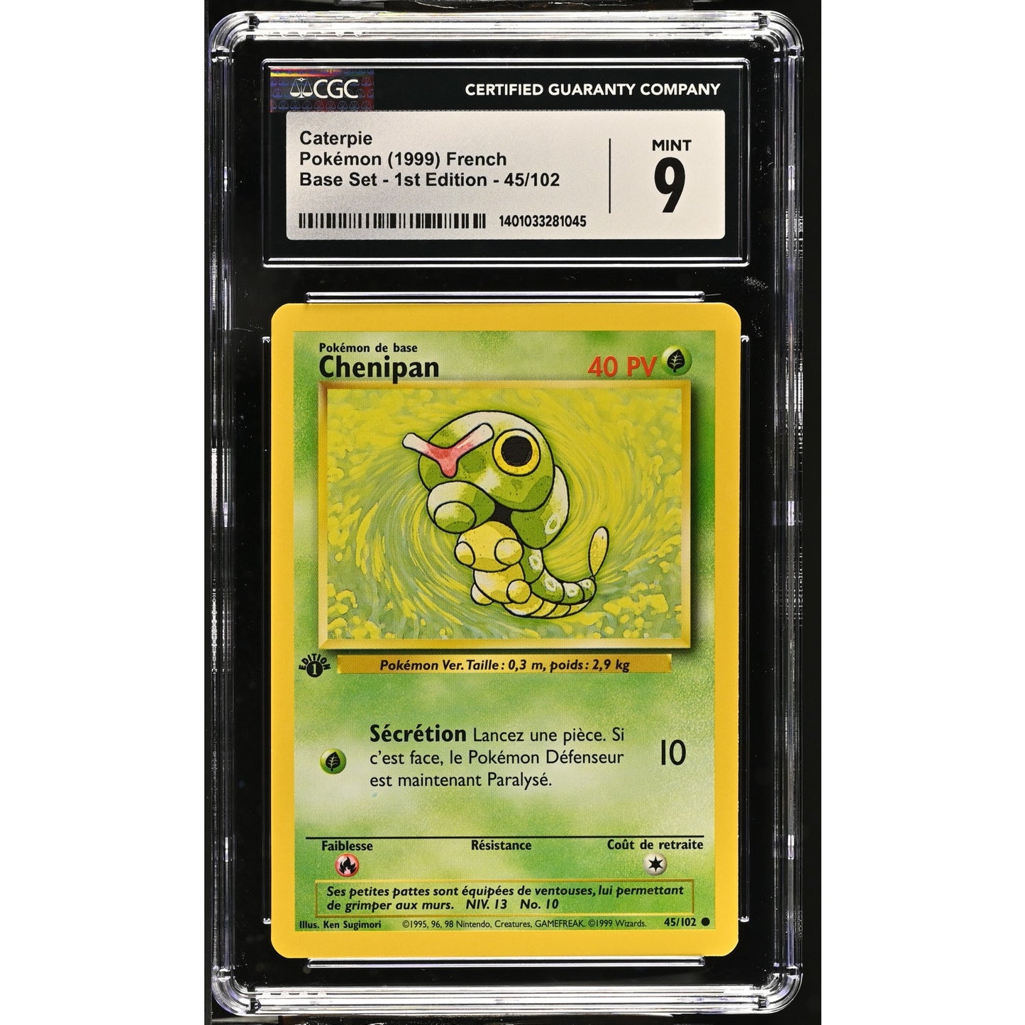 CGC 9 MINT Caterpie (Chenipan) 1st Edition 41/102 French Base Set (PSA/BGS)