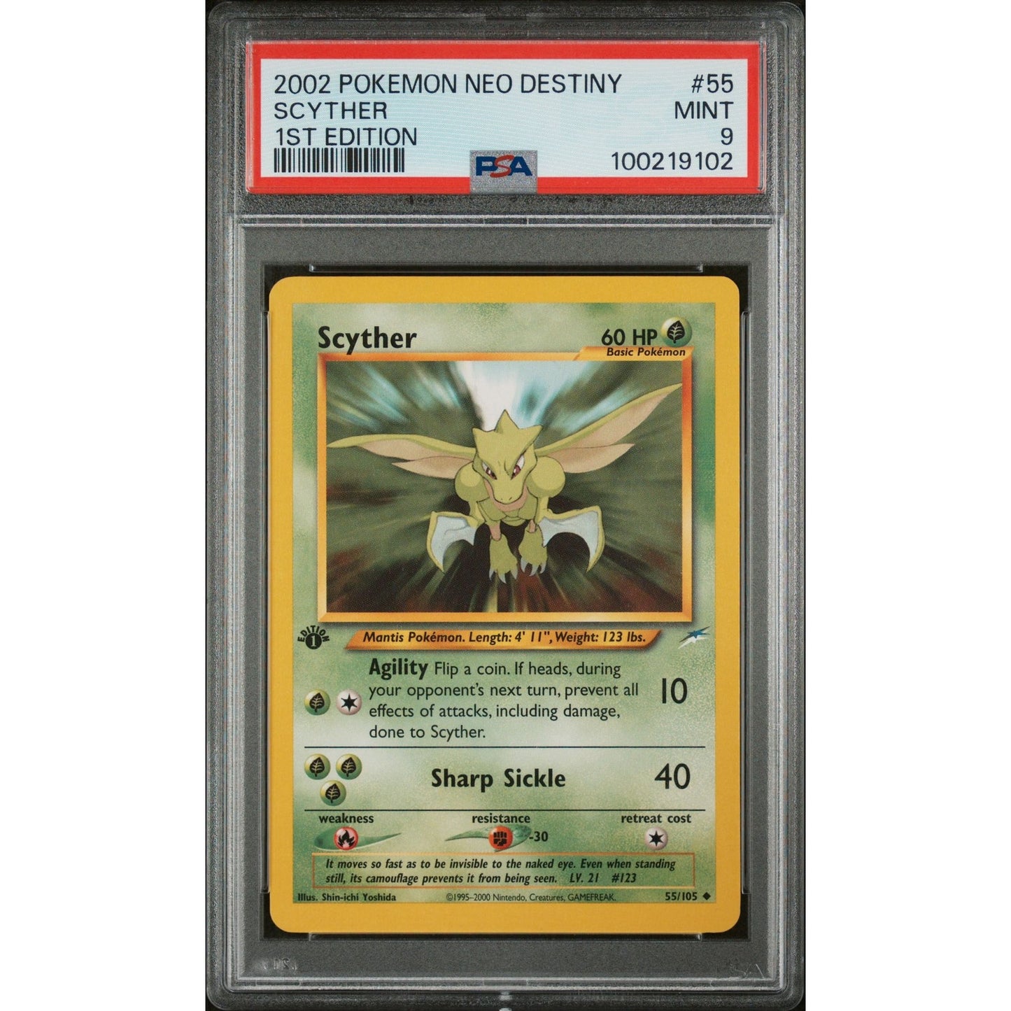 PSA 9 MINT Scyther 1st Edition 55/105 Pokémon Neo Destiny Non Holo (CGC/BGS)