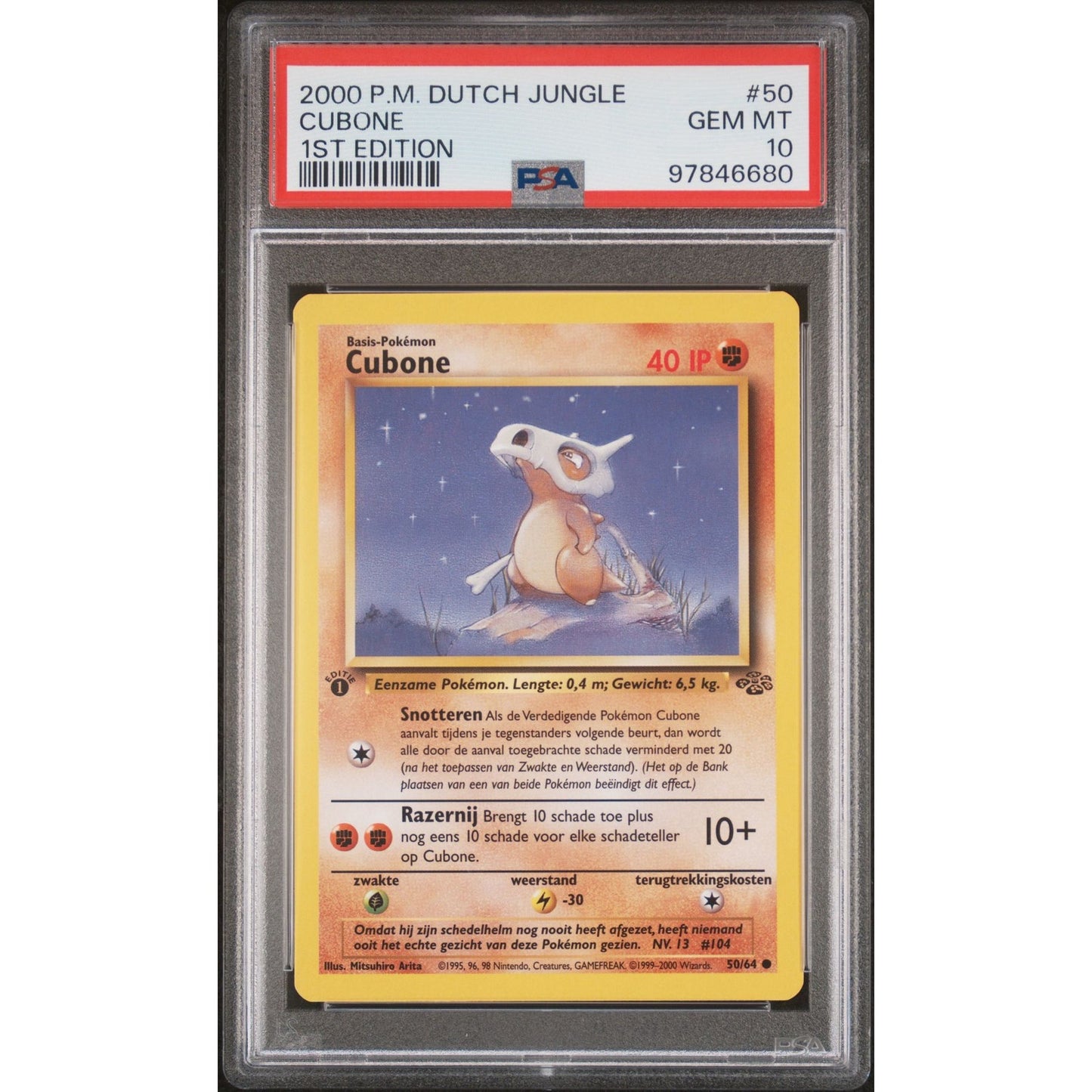 PSA 10 GEM MINT Cubone 1st Edition 50/64 Pokemon Dutch Jungle (CGC/BGS) Pop 2