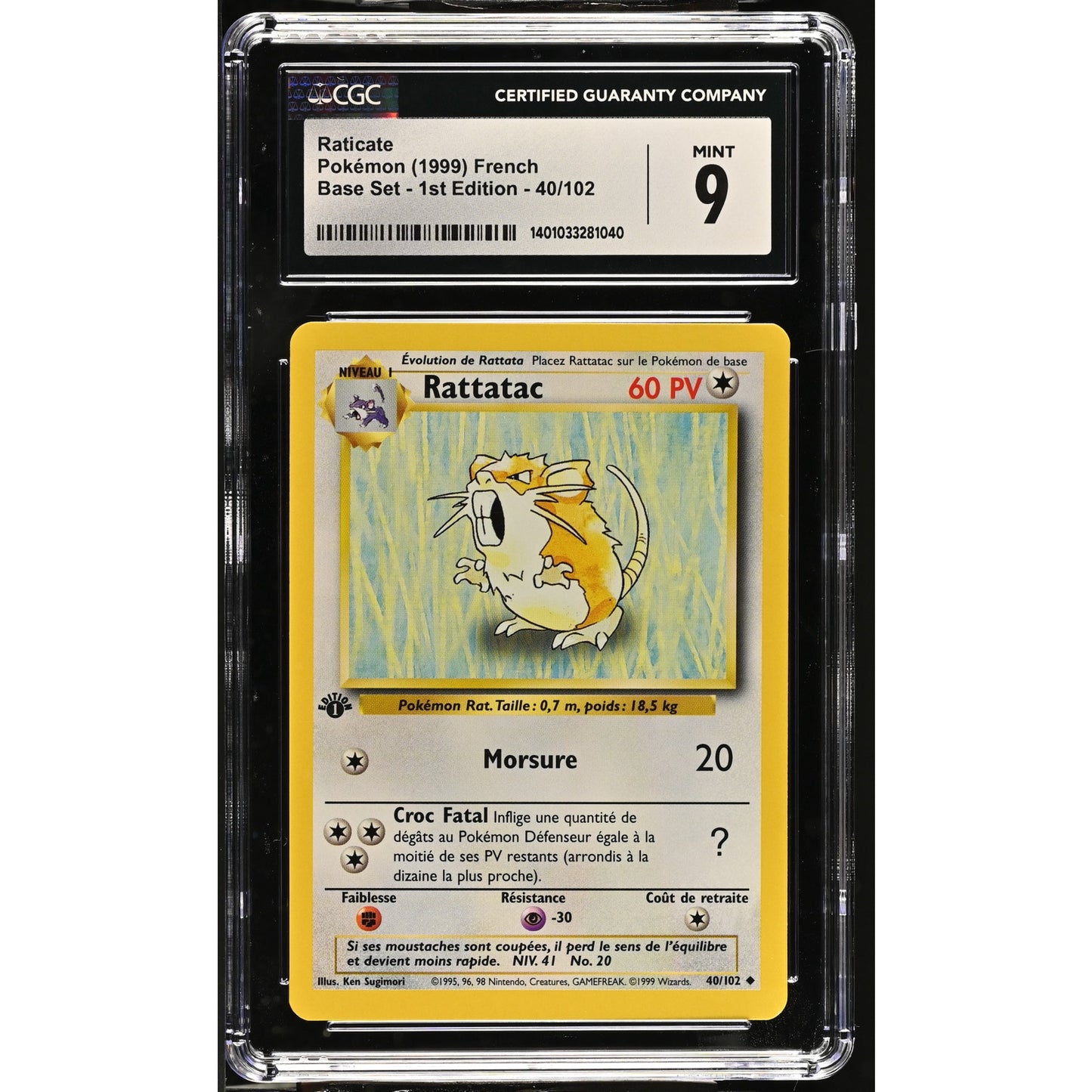 CGC 9 MINT Raticate (Rattatac) 1st Edition 40/102 French Base Set (PSA/BGS)