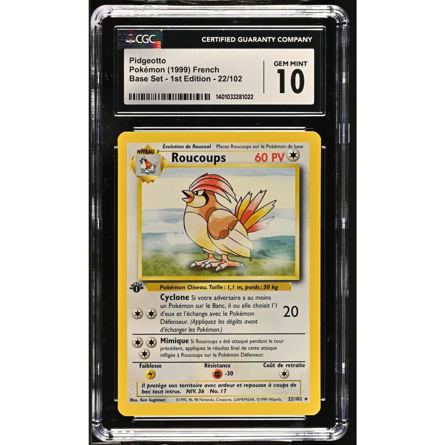 CGC 10 GEM MINT Pidgeotto (Roucoups) 1st Edition 22/102 French Base (PSA/BGS)