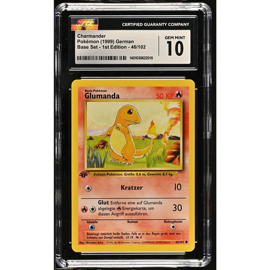 CGC 10 GEM MINT Charmander (Glumanda) 1st Edition 46/102 German Base (PSA/BGS)