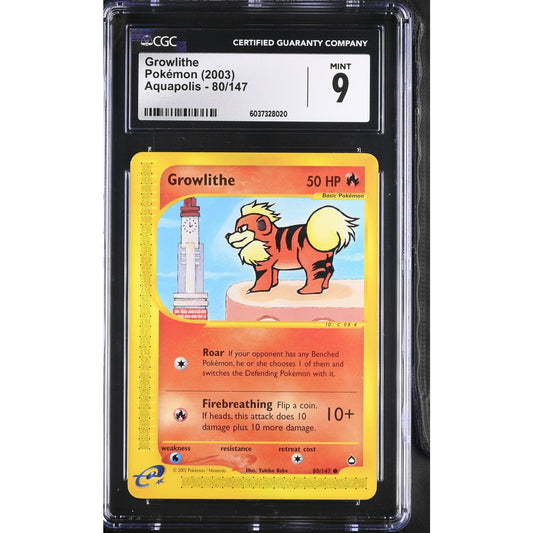 CGC 9 MINT Growlithe 80/147 Pokémon Aquapolis 2003 Non Holo Card (PSA/BGS)