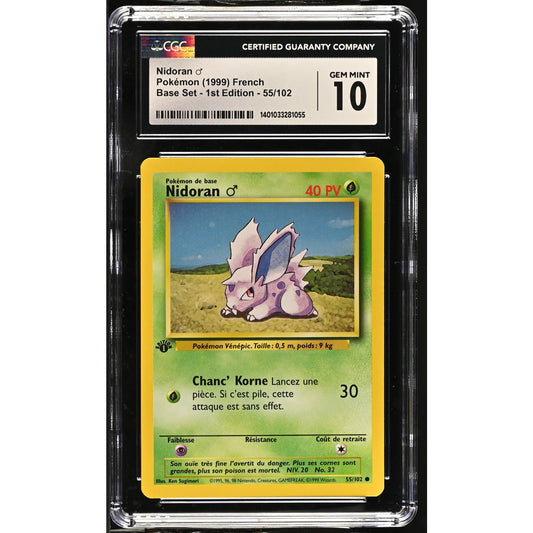 CGC 10 GEM MINT Nidoran Male 1st Edition 55/102 French Base Set (PSA/BGS)