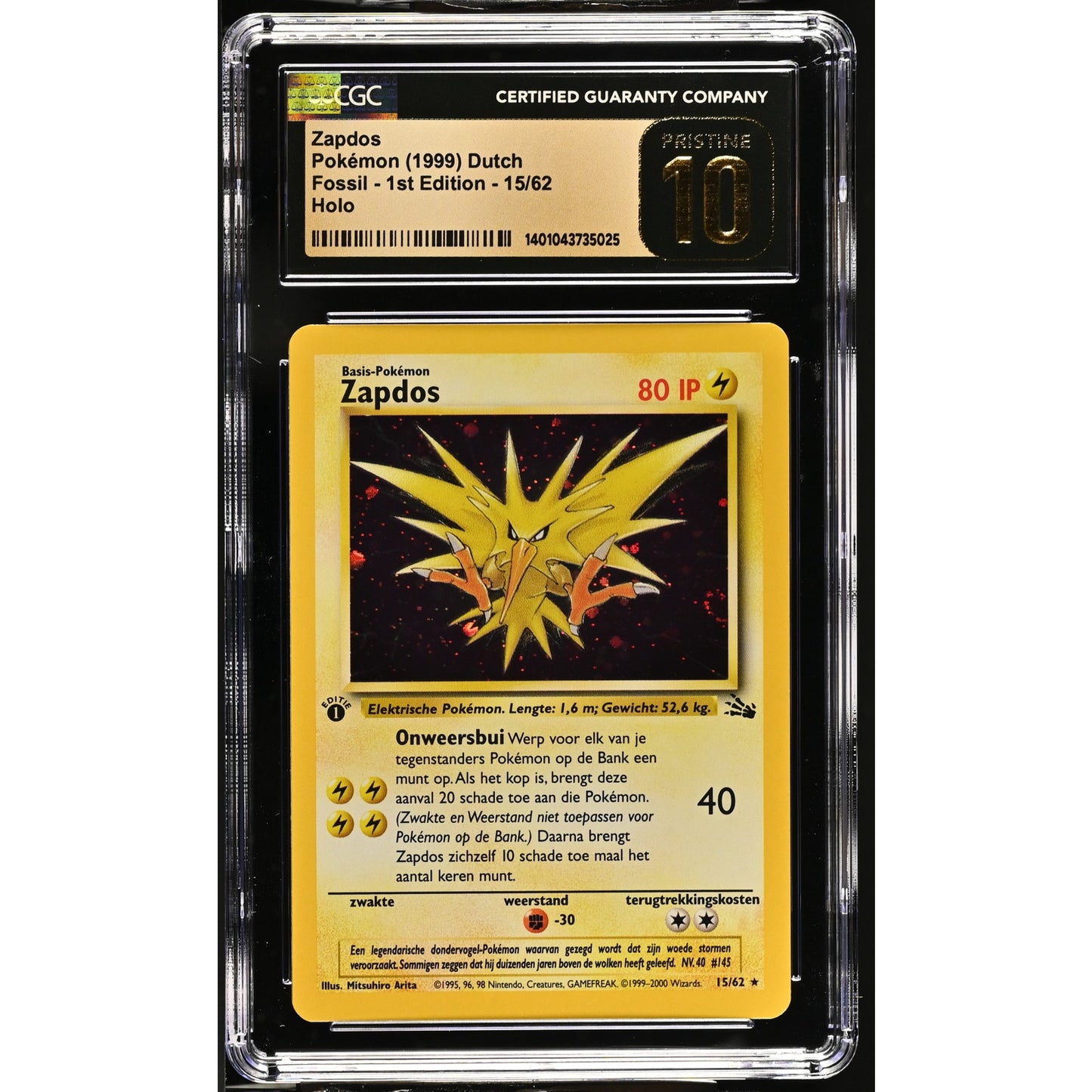 CGC 10 PRISTINE Zapdos 1st Edition 15/62 Pokémon Dutch Fossil (PSA/BGS) Pop 1