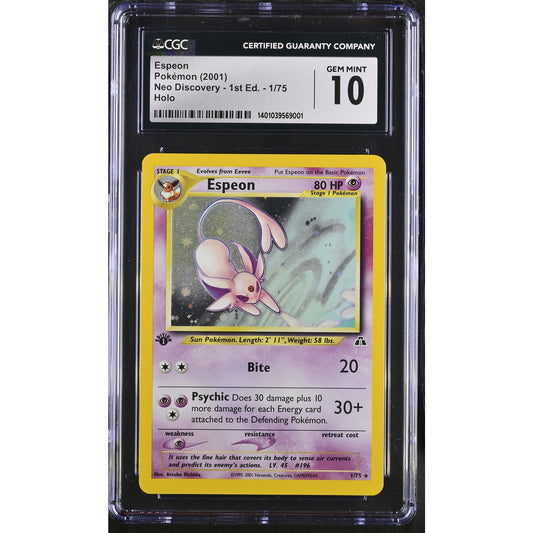 CGC 10 GEM MINT Espeon 1st Edition 1/75 Pokémon Neo Discovery Holo (PSA/BGS)