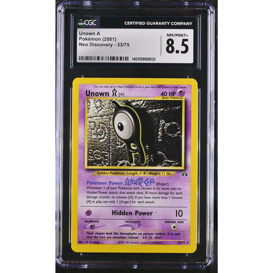 CGC 8.5 NM/MINT+ Unown A 33/75 Pokémon Neo Discovery Unlimited Non Holo(PSA/BGS)