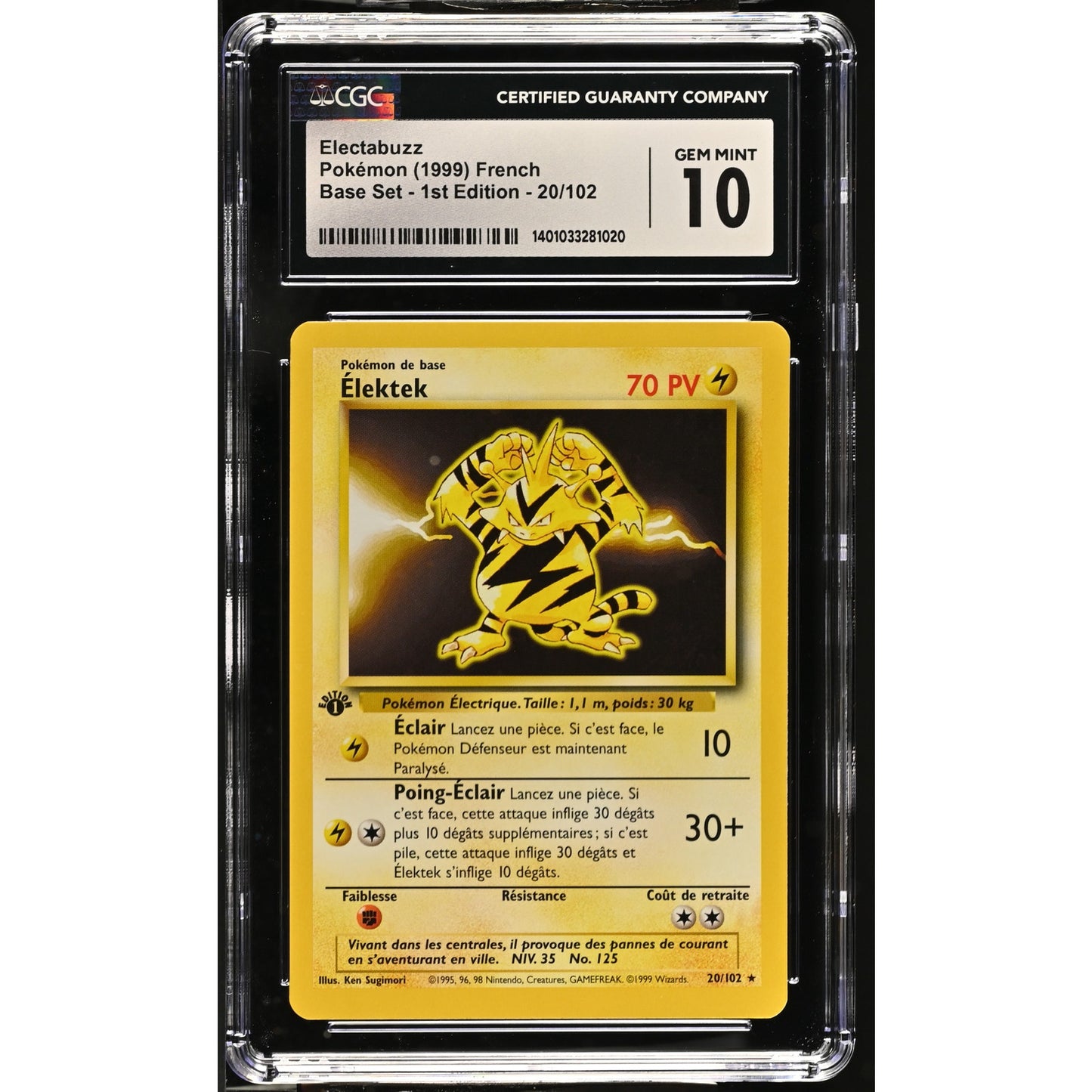 CGC 10 GEM MINT Electabuzz (Élektek) 1st Edition 20/102 French Base (PSA/BGS)