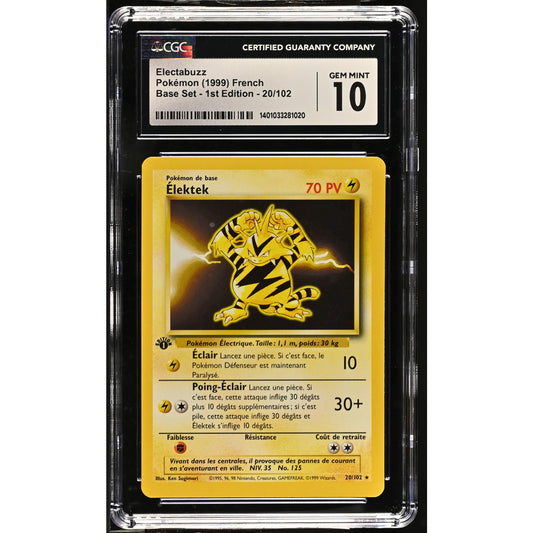 CGC 10 GEM MINT Electabuzz (Élektek) 1st Edition 20/102 French Base (PSA/BGS)