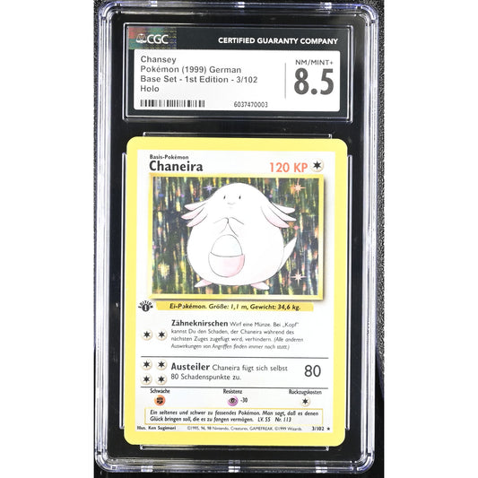 CGC 8.5 NM/MINT+ Chansey Chaneira 1st Edition 2/102 German Base Set (PSA/BGS)