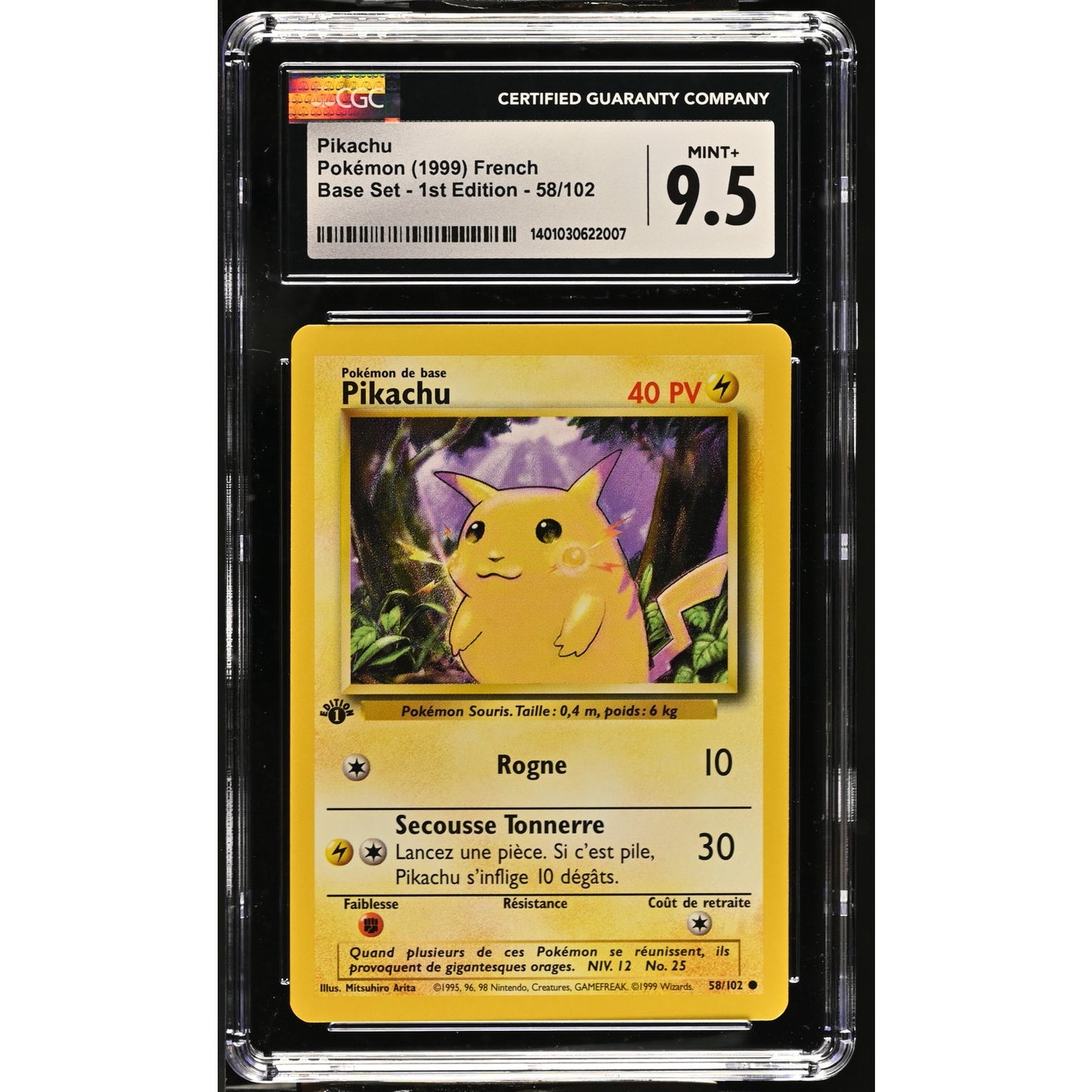 CGC 9.5 MINT+ Pikachu 1st Edition 58/102 Pokemon French Base Set (PSA/BGS)