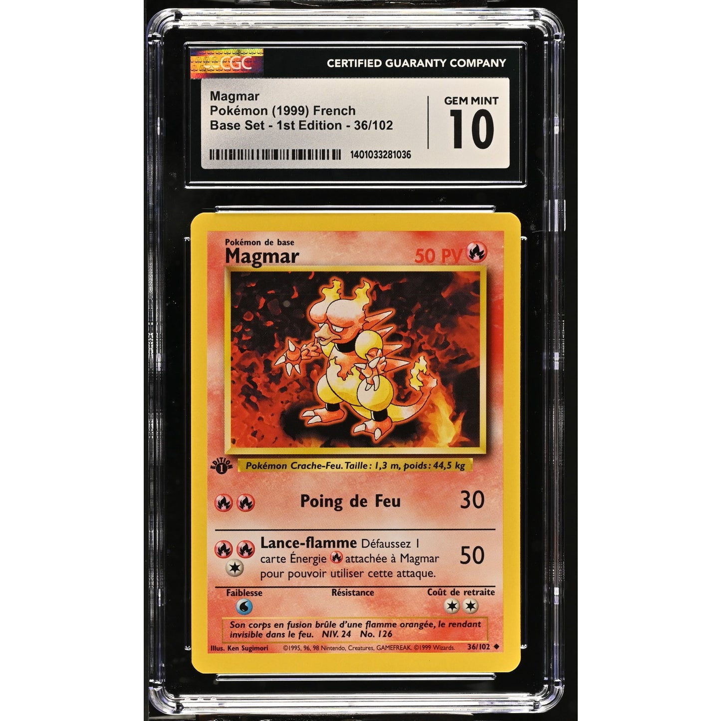 CGC 10 GEM MINT Magmar 1st Edition 36/102 French Base Set Uncommon (PSA/BGS)