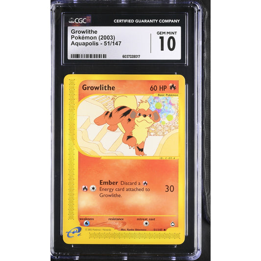 CGC 10 GEM MINT Growlithe 51/147 Pokémon Aquapolis 2003 Non Holo Card (PSA/BGS)