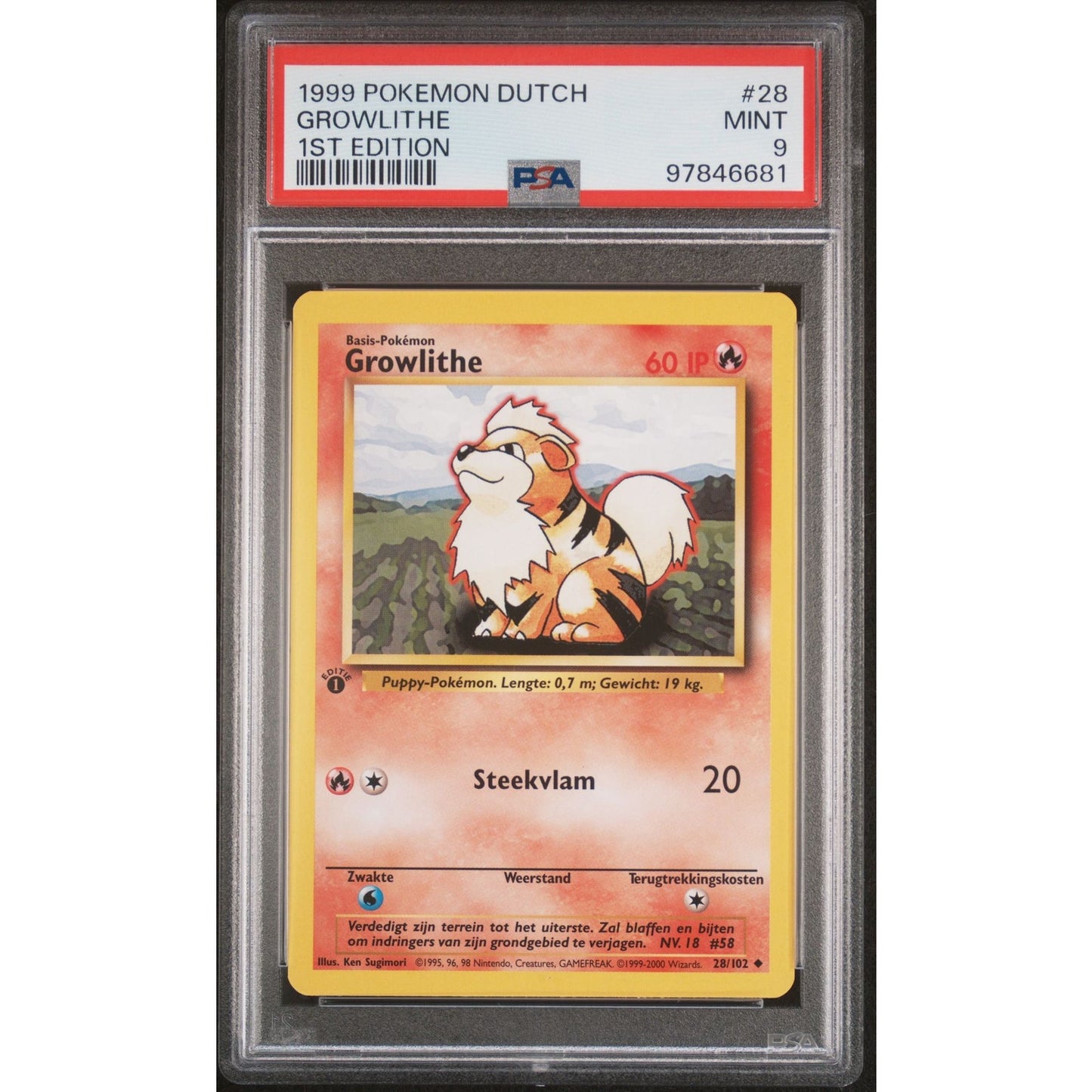 PSA 9 MINT Growlithe 1st Edition 28/102 Pokemon Dutch Base Set (CGC/BGS) Pop 4