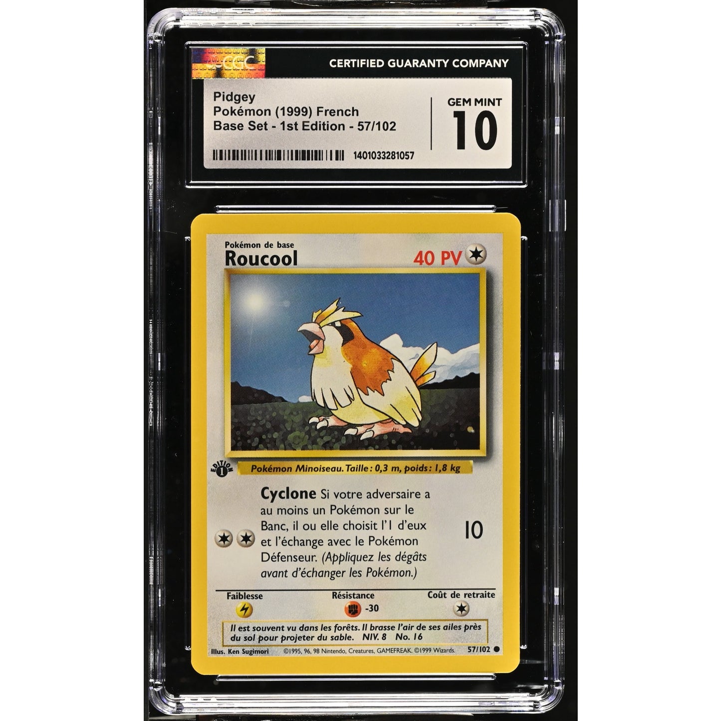 CGC 10 GEM MINT Pidgey (Roucool) 1st Edition 57/102 French Base Set (PSA/BGS)