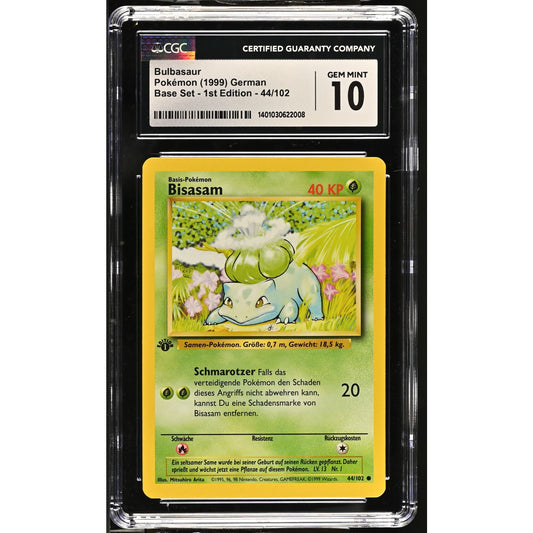 CGC 10 GEM MINT Bulbasaur (Bisasam) 1st Edition 44/102 German Base Set (PSA/BGS)