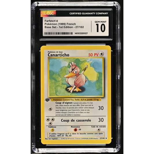 CGC 10 GEM MINT Farfetch'd (Canarticho) 1st Edition 27/102 French Base (PSA/BGS)