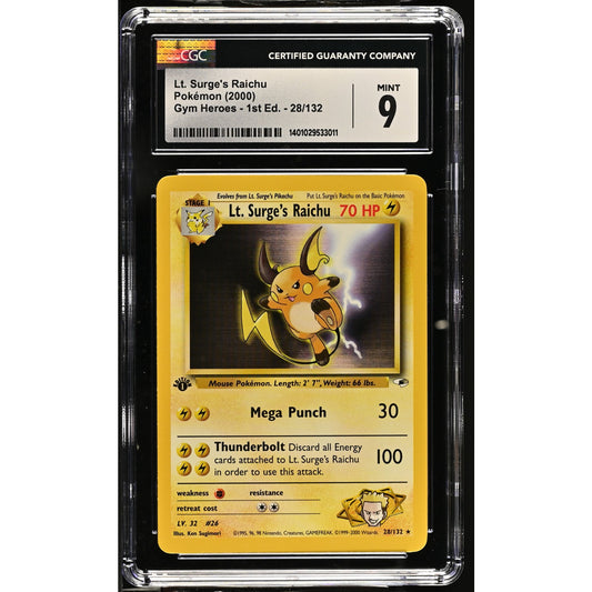 CGC 9 MINT Lt. Surge's Raichu 1st Edition 28/111 Pokemon Gym Heroes (PSA/BGS)