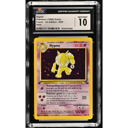 CGC 10 GEM MINT Hypno 1st Edition 8/62 Pokémon Dutch Fossil (PSA/BGS) Pop 2