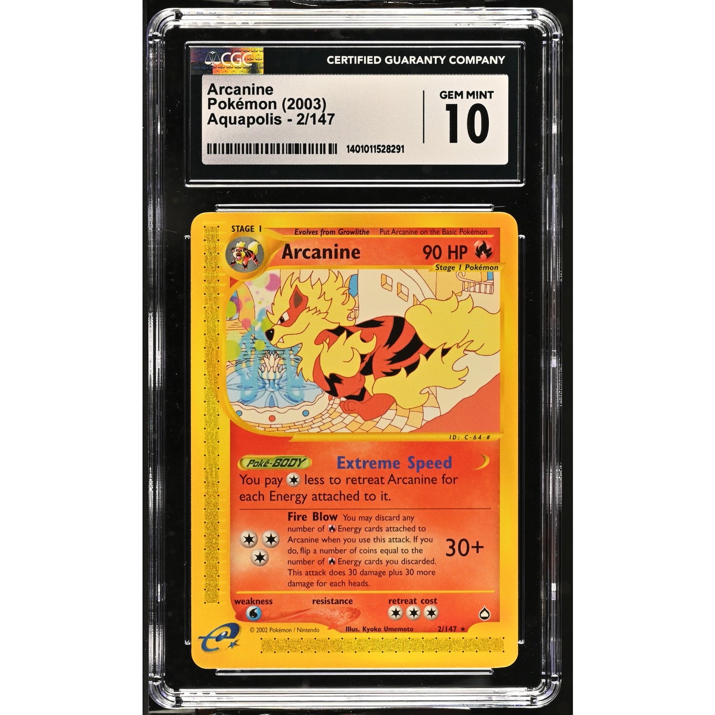 CGC 10 GEM MINT Arcanine 2/147 Pokémon Aquapolis 2003 Non Holo Rare (PSA/BGS)