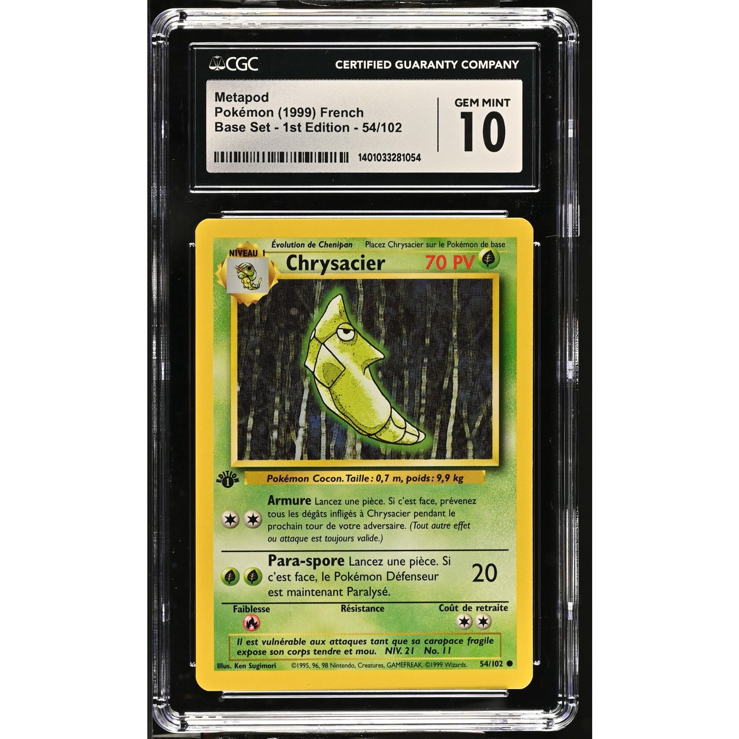 CGC 10 GEM MINT Metapod (Chrysacier) 1st Edition 54/102 French Base Set(PSA/BGS)