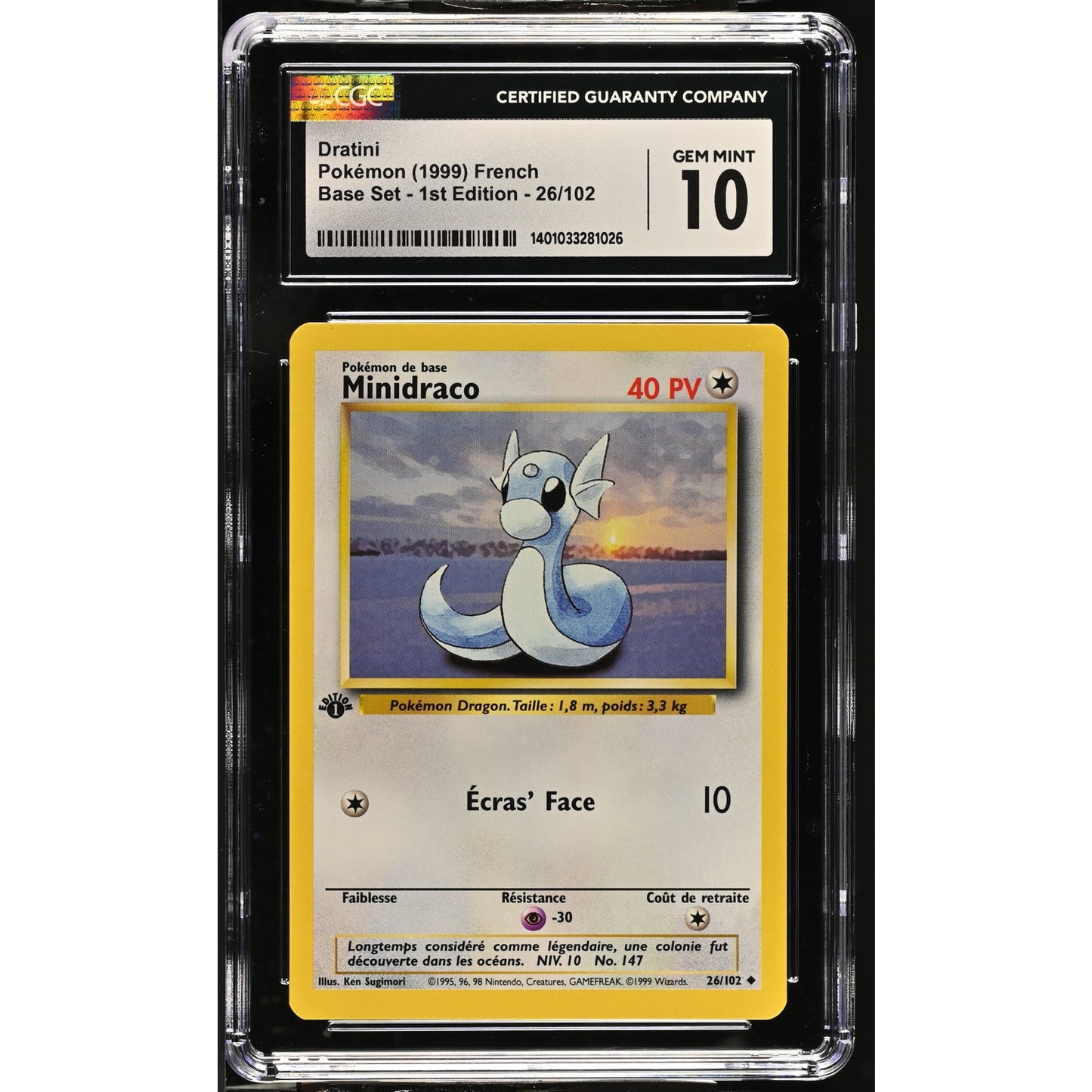 CGC 10 GEM MINT Dratini (Minidraco) 1st Edition 26/102 French Base (PSA/BGS)