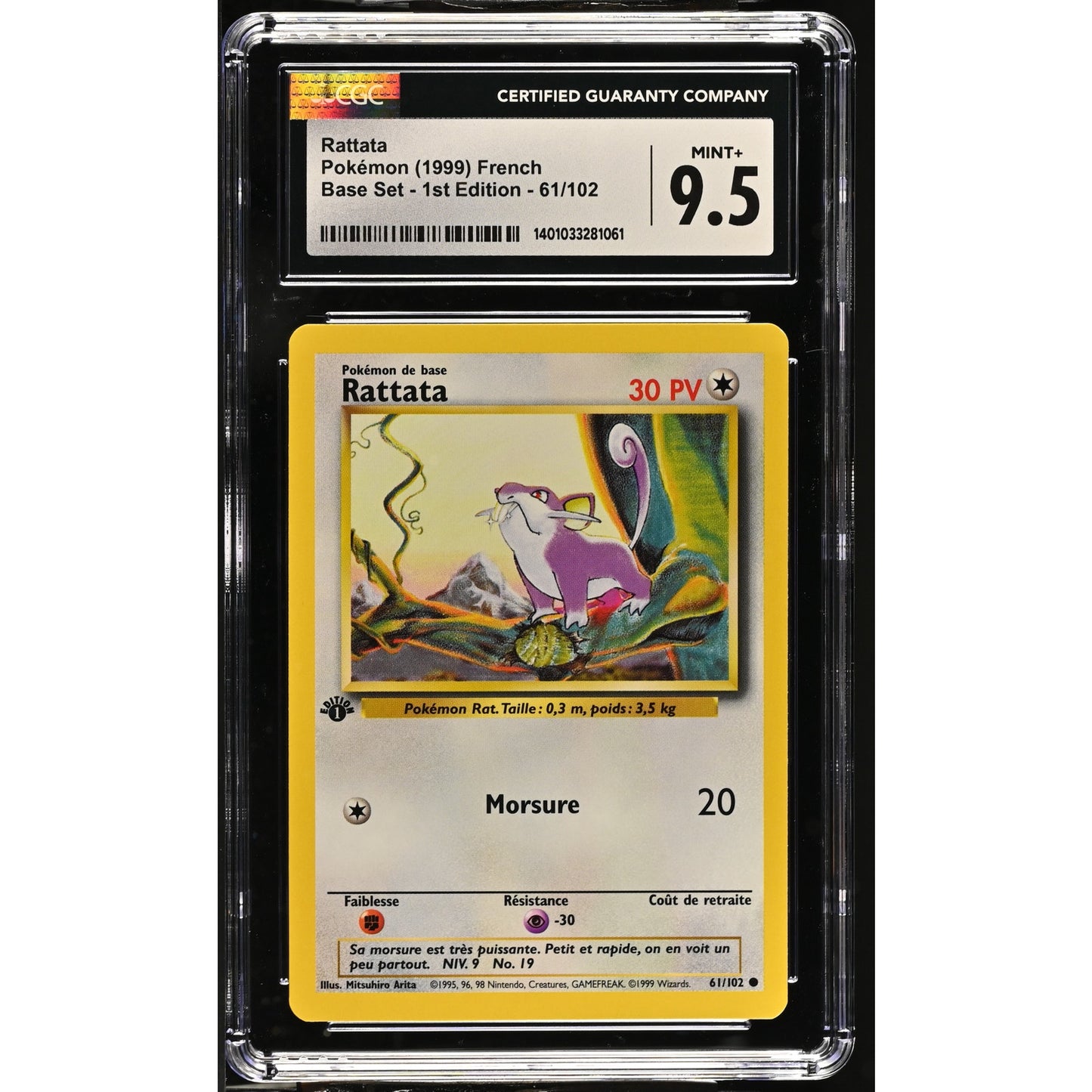 CGC 9.5 MINT+ Rattata 1st Edition 61/102 French Base Set Common (PSA/BGS)