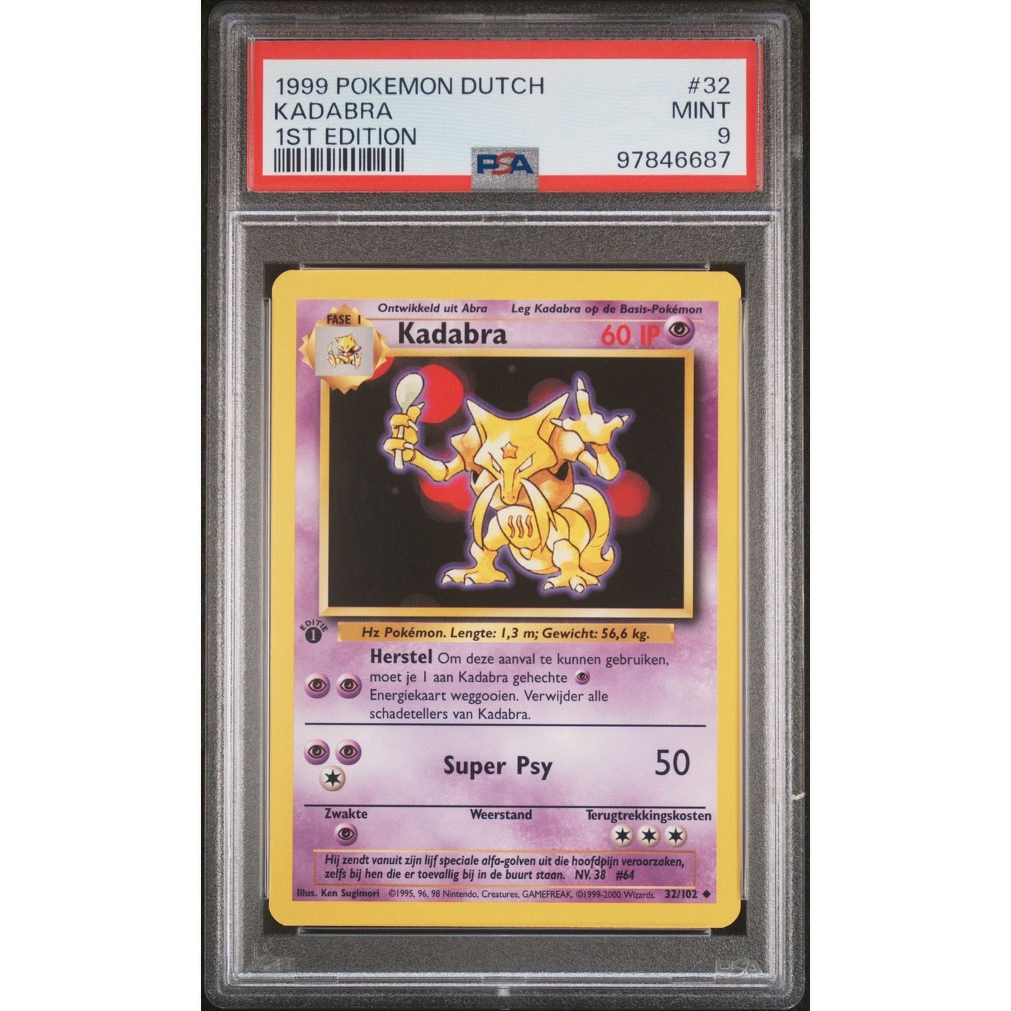 PSA 9 MINT Kadabra 1st Edition 32/102 Pokemon 1999 Dutch Base Set (CGC/BGS)