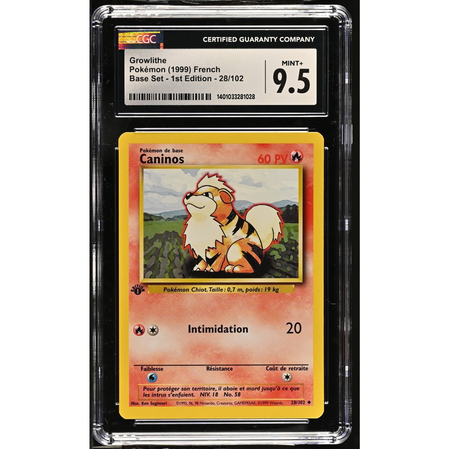 CGC 9.5 MINT+ Growlithe (Caninos) 1st Edition 28/102 French Base Set (PSA/BGS)