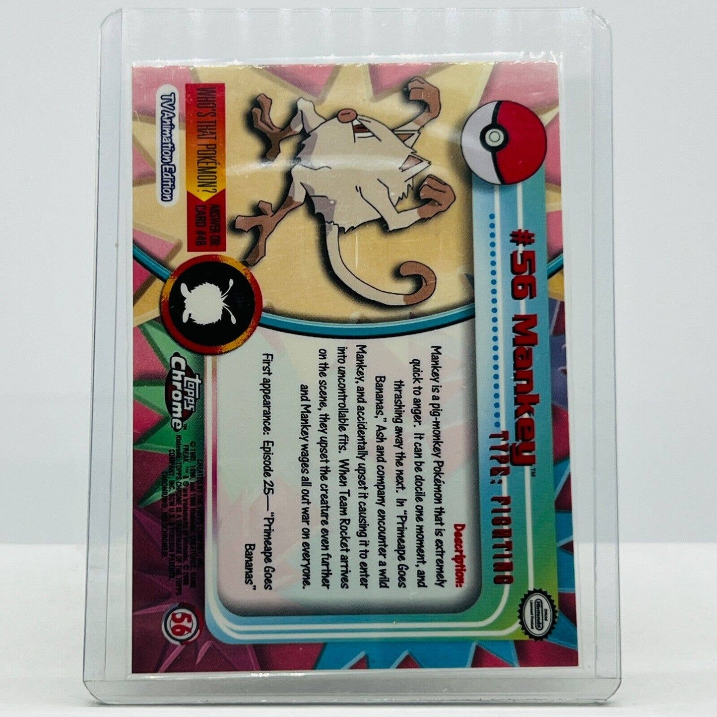 Pokémon Mankey #56 Pokemon 2000 Topps TV Animation Chrome Series 1 Holo Foil