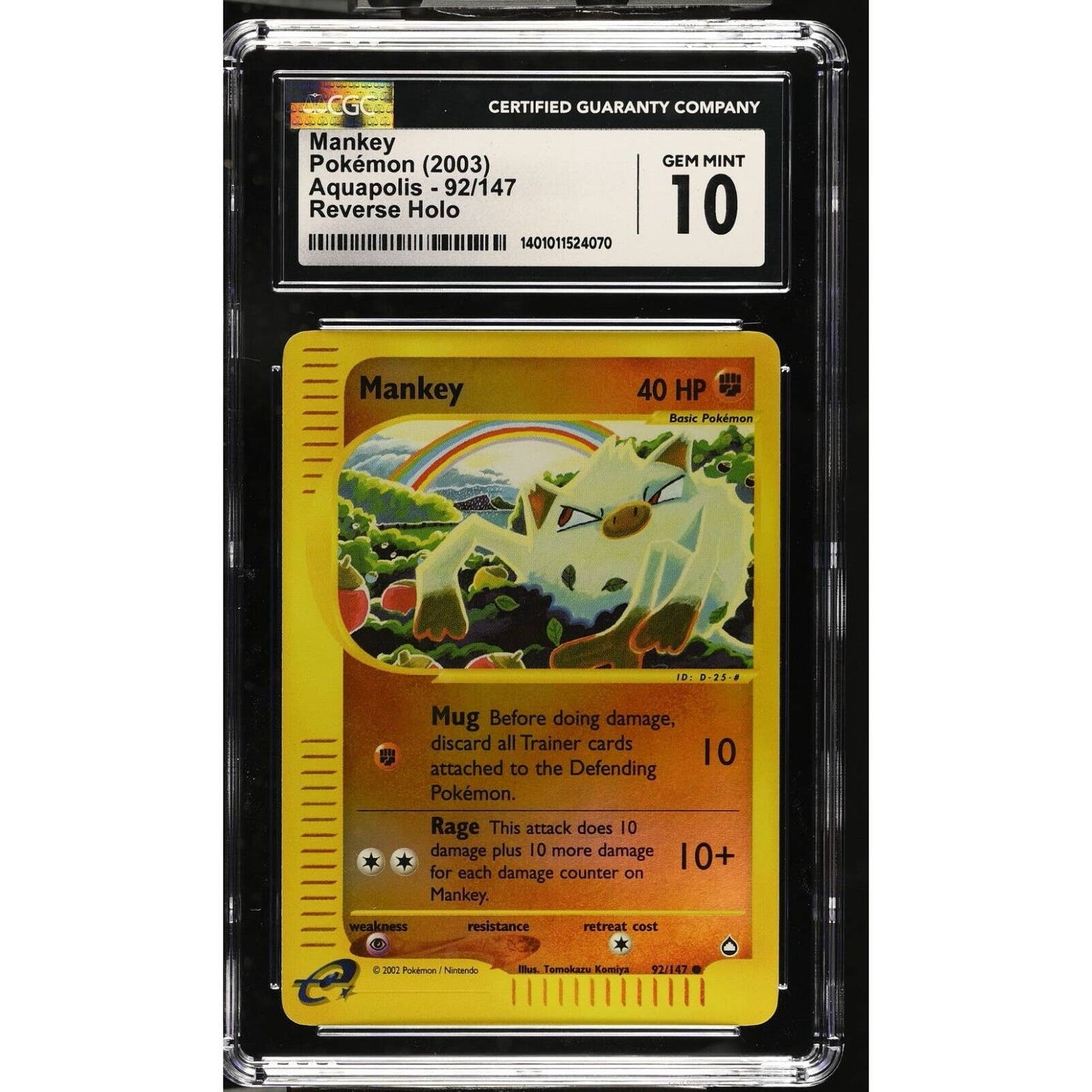 CGC 10 GEM MINT Mankey 92/147 Pokémon Aquapolis Reverse Holo (PSA/BGS) Pop 6